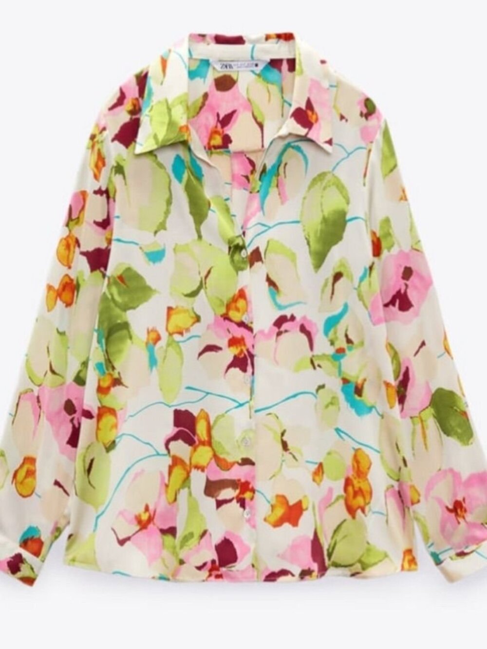 NWT ZARA Satin Effect Button-Front Long-Sleeve Blouse, Cream Floral